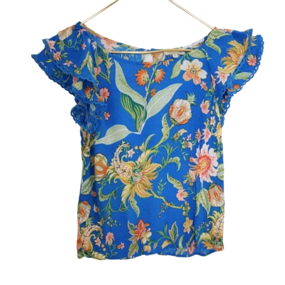 Rachel Zoe Blue Floral Print Ruffle Flutter Sleeves Blouse Top Size Small